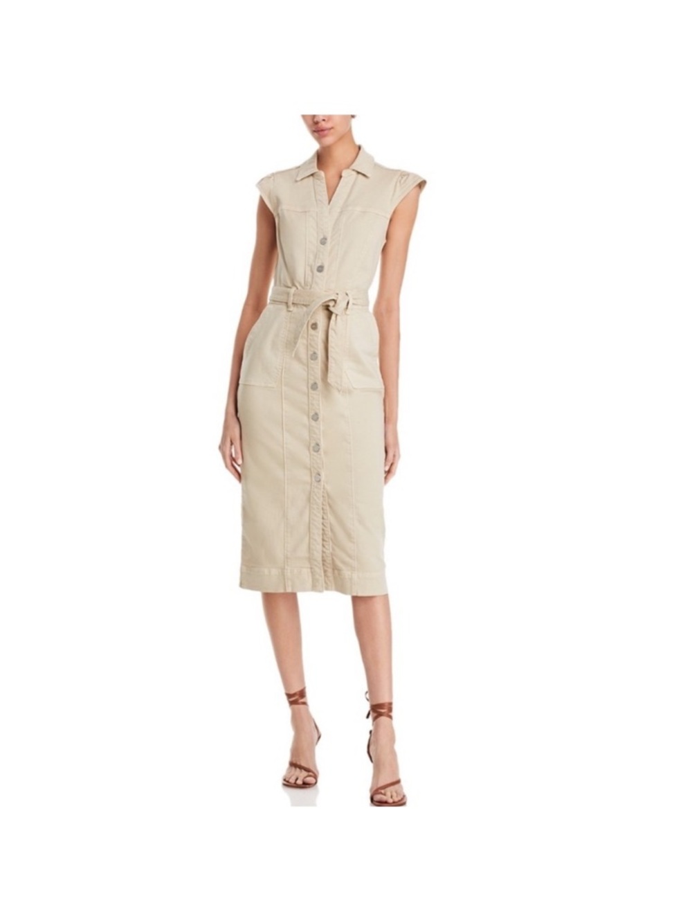 PAIGE Sleeveless Button-Front Belted Midi Dress in Beige